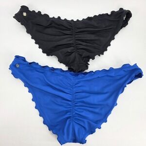Lot 2 Victorias Secret Cheeky Bikini Swimsuit Bottoms Ruched Black Blue Ruffle L